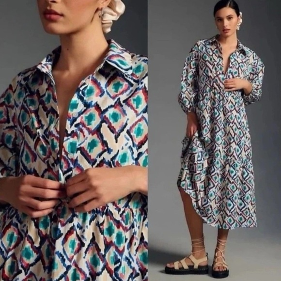 Anthropologie Maeve The Bettina Cotton Tiered Midi Shirt Dress Size XL - Picture 1 of 12